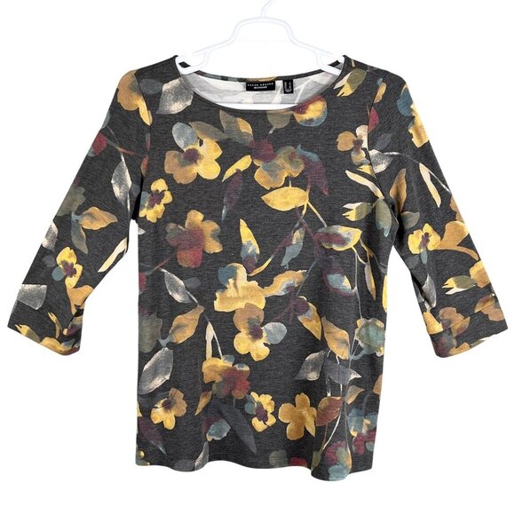 Susan Graver Weekend L Muted Floral 3/4 Sleeve Ring Detail Pullover Comfort Top - Picture 1 of 12